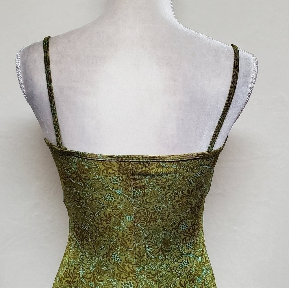VINTAGE A. Aubrey Green Paisley Stretchy Pin-up Tie Bust Midi Bodycon Dress S - Picture 14 of 16
